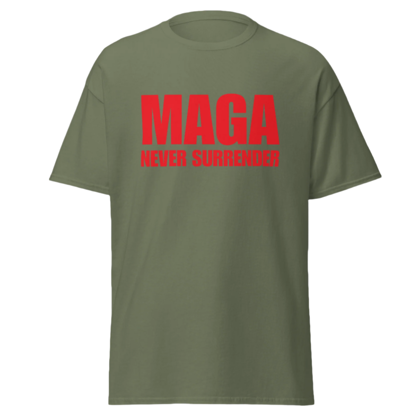 MAGA NEVER SURRENDER T-Shirt (Red Text)