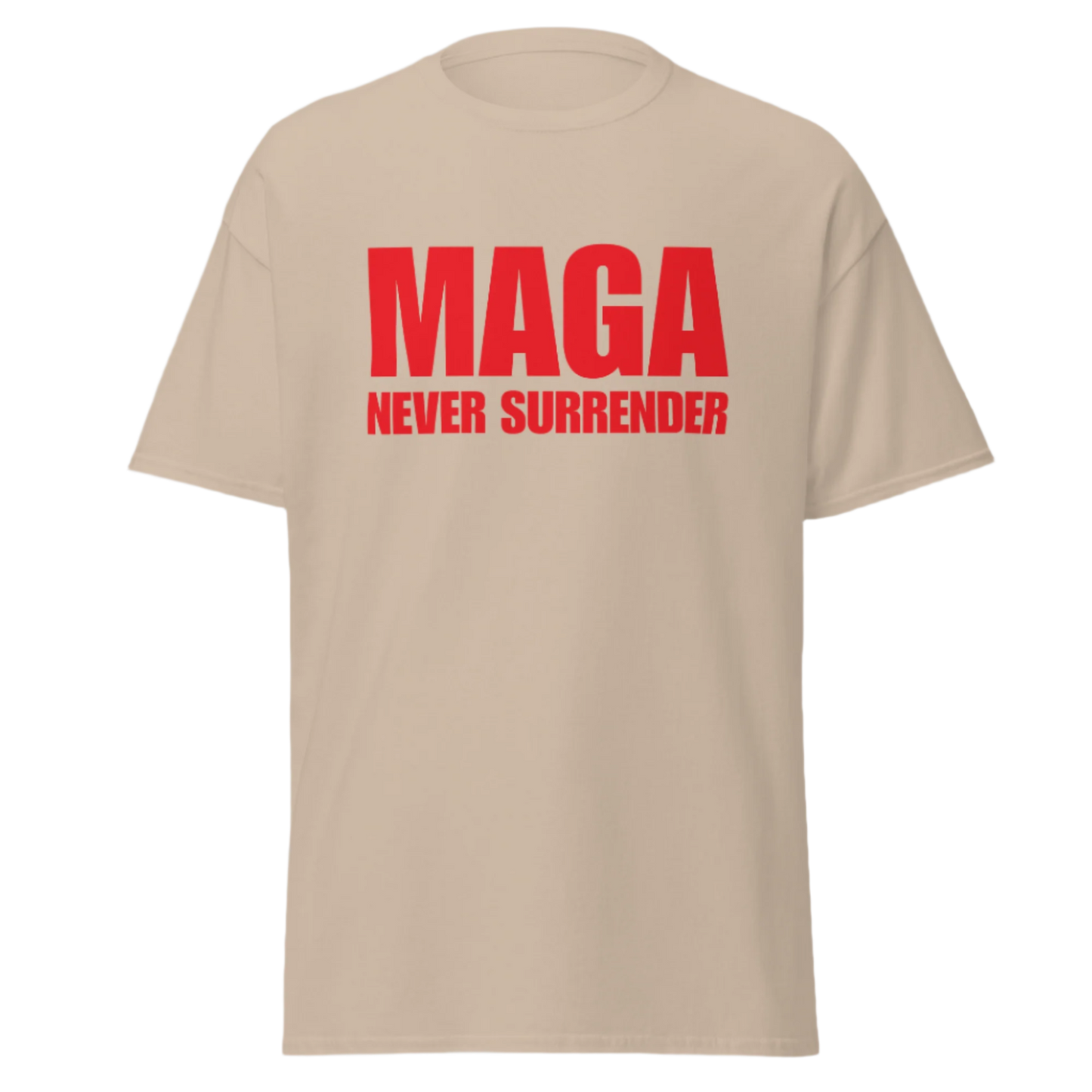 MAGA NEVER SURRENDER T-Shirt (Red Text)